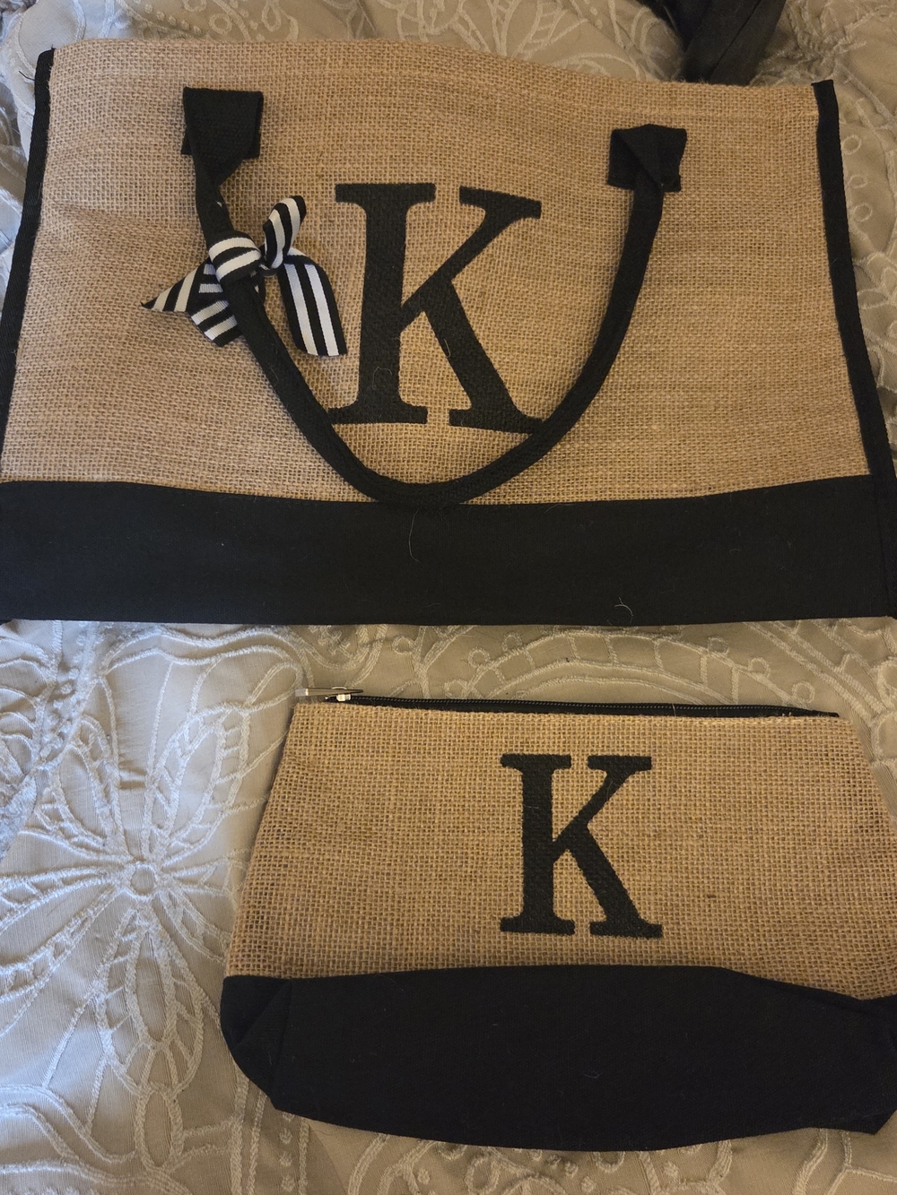 Personalized Initial K Burlap Tote and Pouch Set in Black Trim